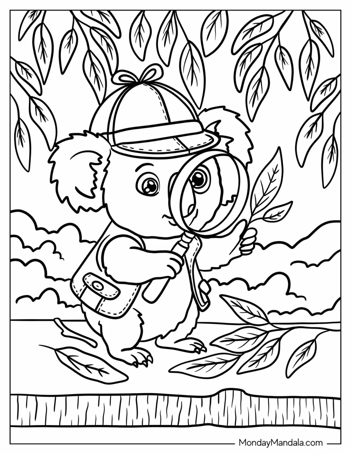 Detective Koala Coloring Page with Magnifying Glass in the Forest coloring page — printable line art