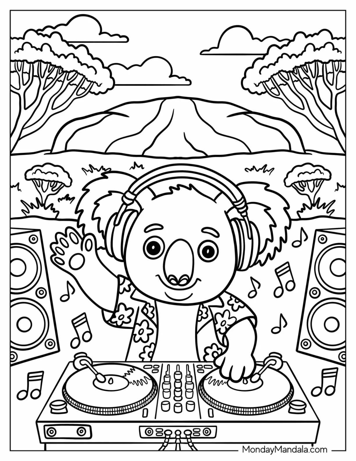 DJ Koala Coloring Page Playing Music in the Jungle coloring page