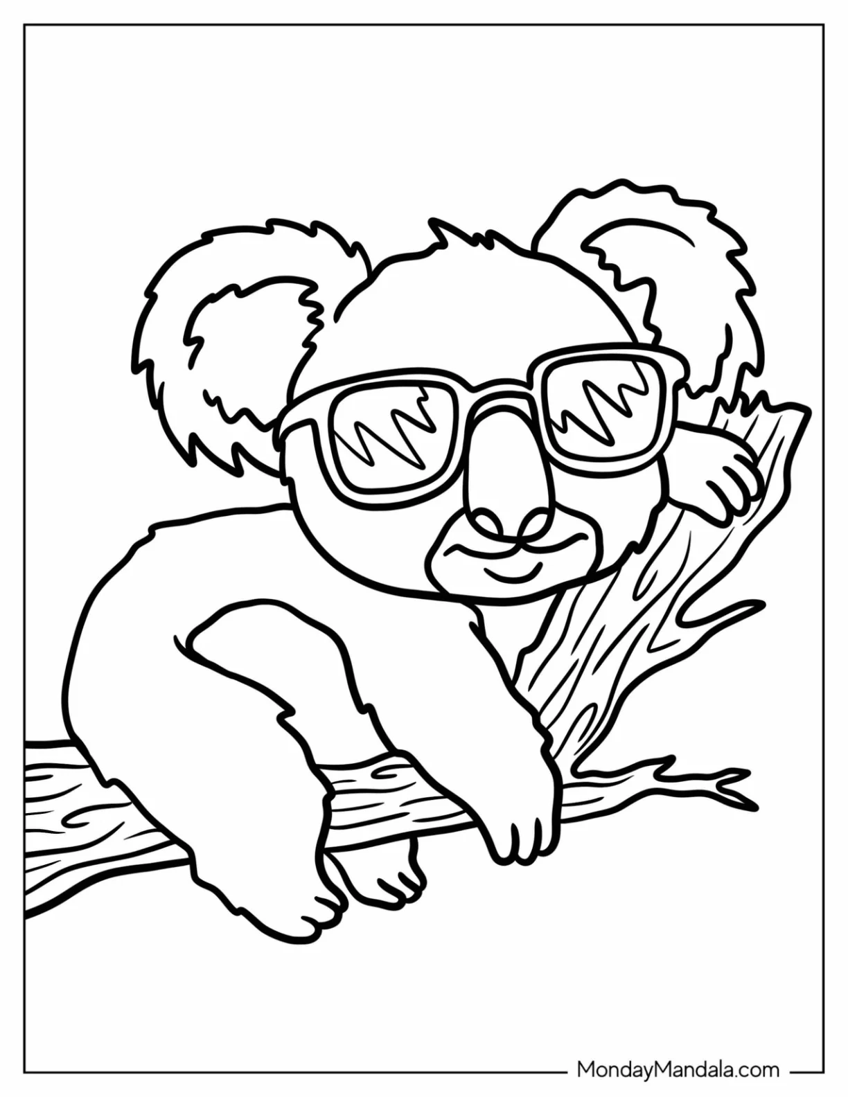 Easy Koala Coloring Page with Sunglasses Sleeping on a Branch for Kids coloring page — printable line art