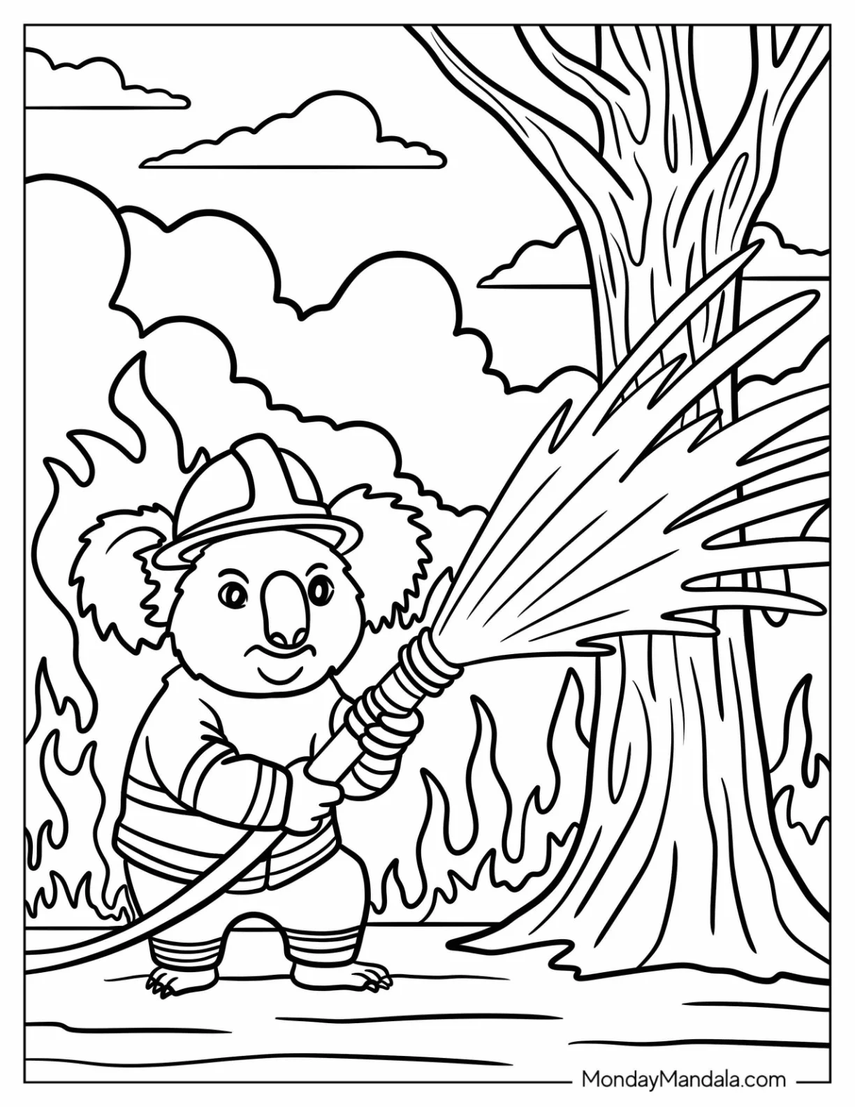 Firefighter Koala Coloring Page Hosing Down Fire coloring page — printable line art