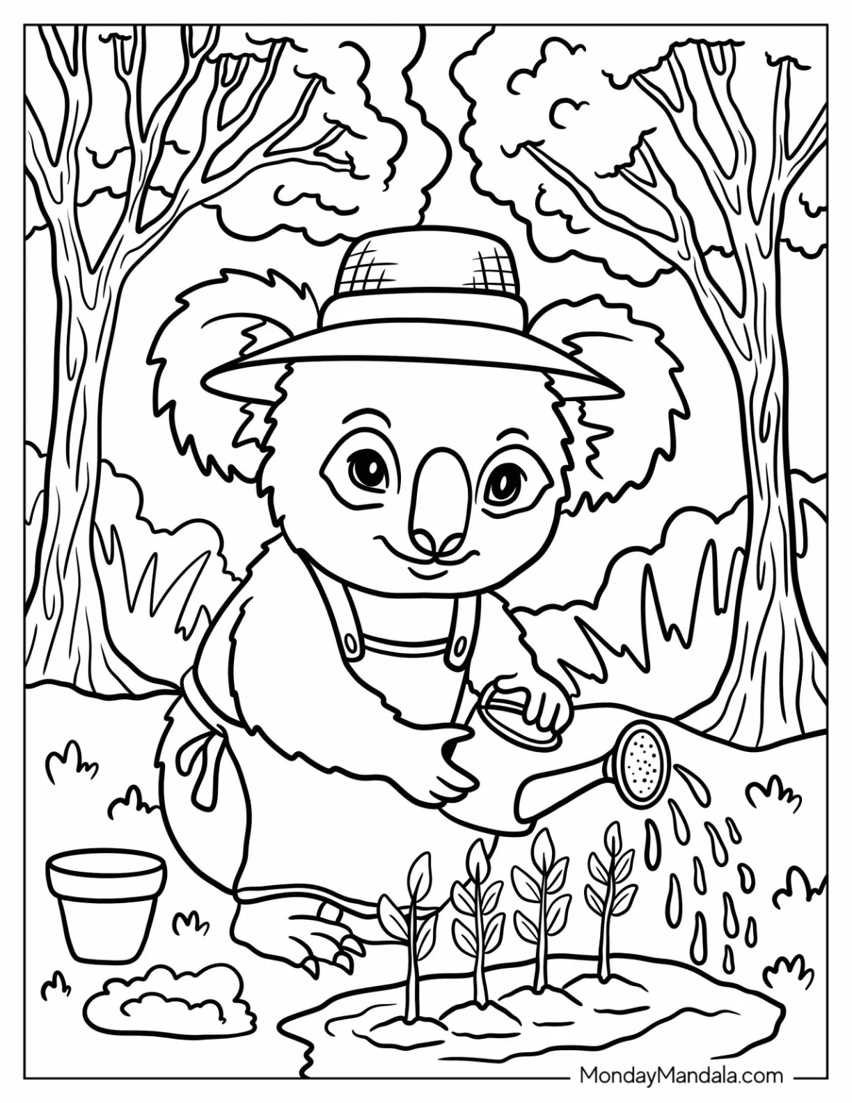 Gentle Koala Coloring Page Watering Plants in the Garden coloring page