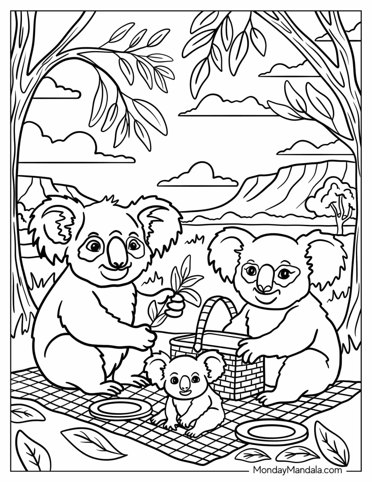 Koala Coloring Page Family Having a Picnic coloring page