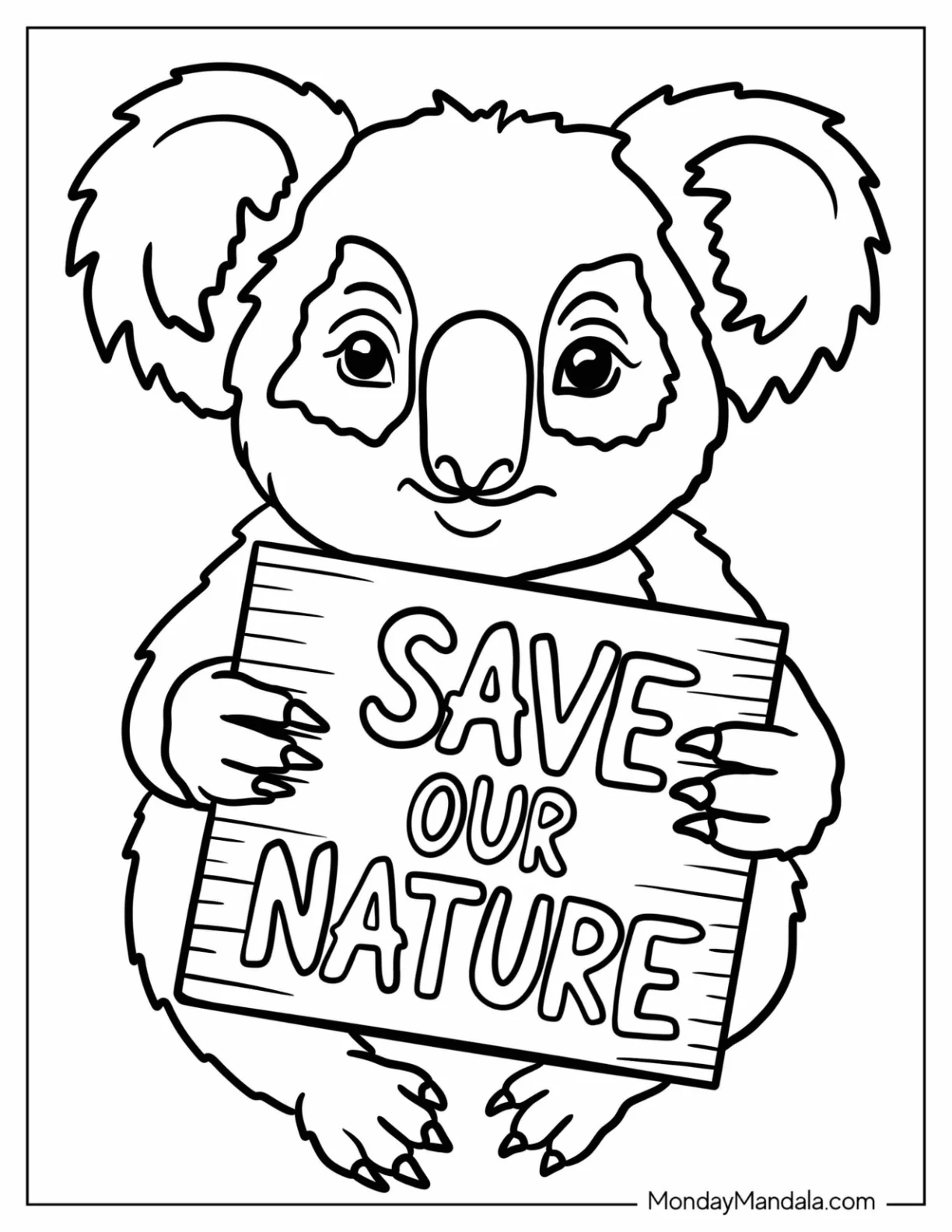 Koala Coloring Page Holding a Save Our Nature Sign for Kids coloring page — printable line art