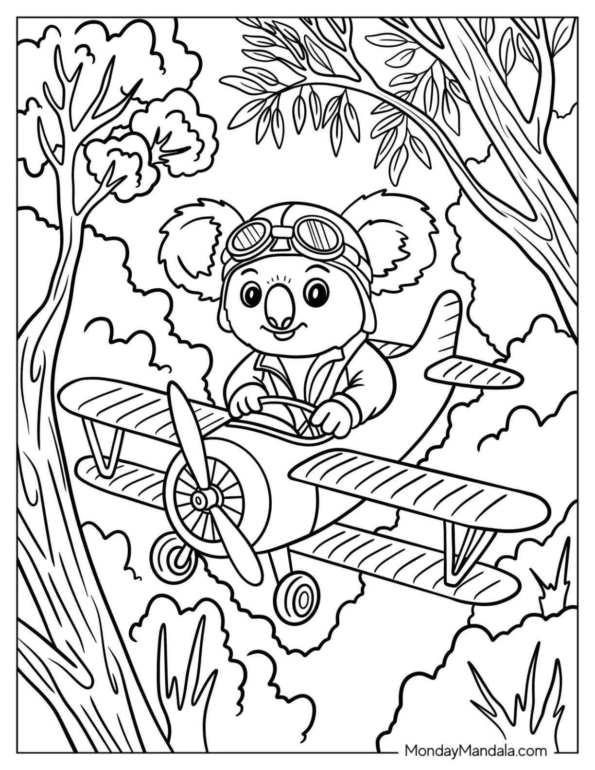 Koala Coloring Page Piloting an Airplane in the Jungle coloring page