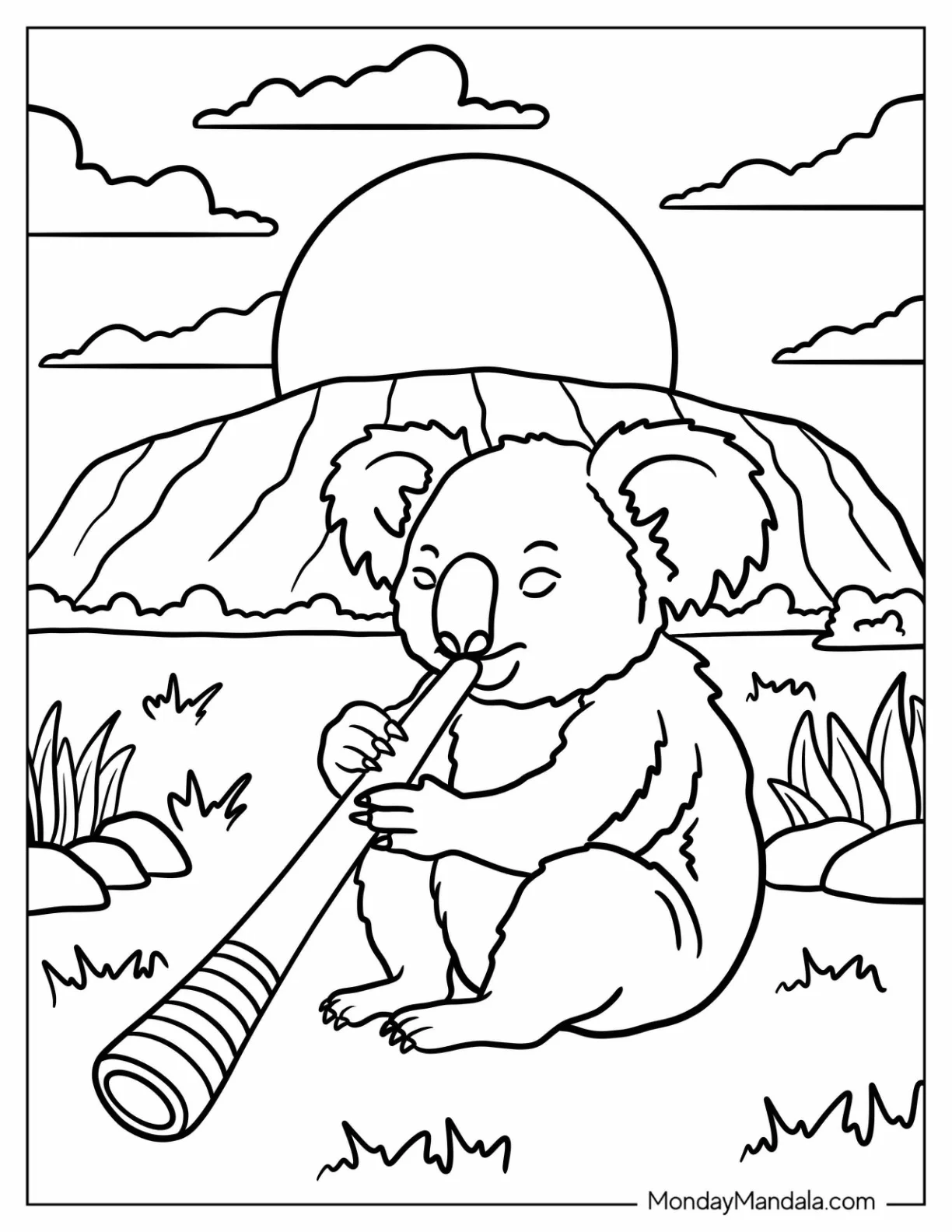 Koala Coloring Page Playing a Didgeridoo coloring page
