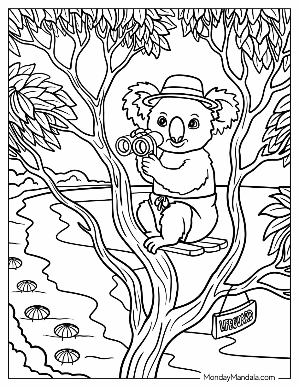Lifeguard Koala Coloring Page on a Tree with Binoculars for Kids coloring page