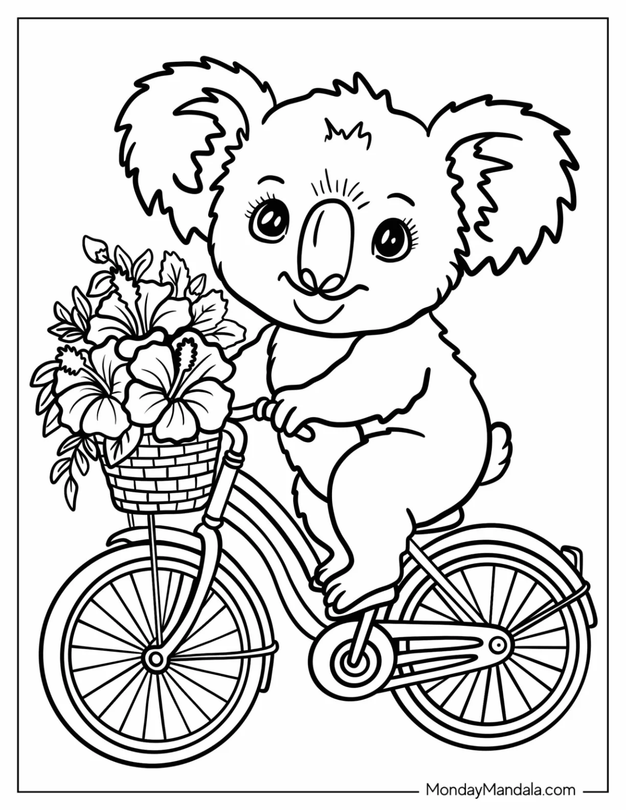 Little Koala Coloring Page Riding a Bicycle with Basket of Flowers for Preschoolers coloring page