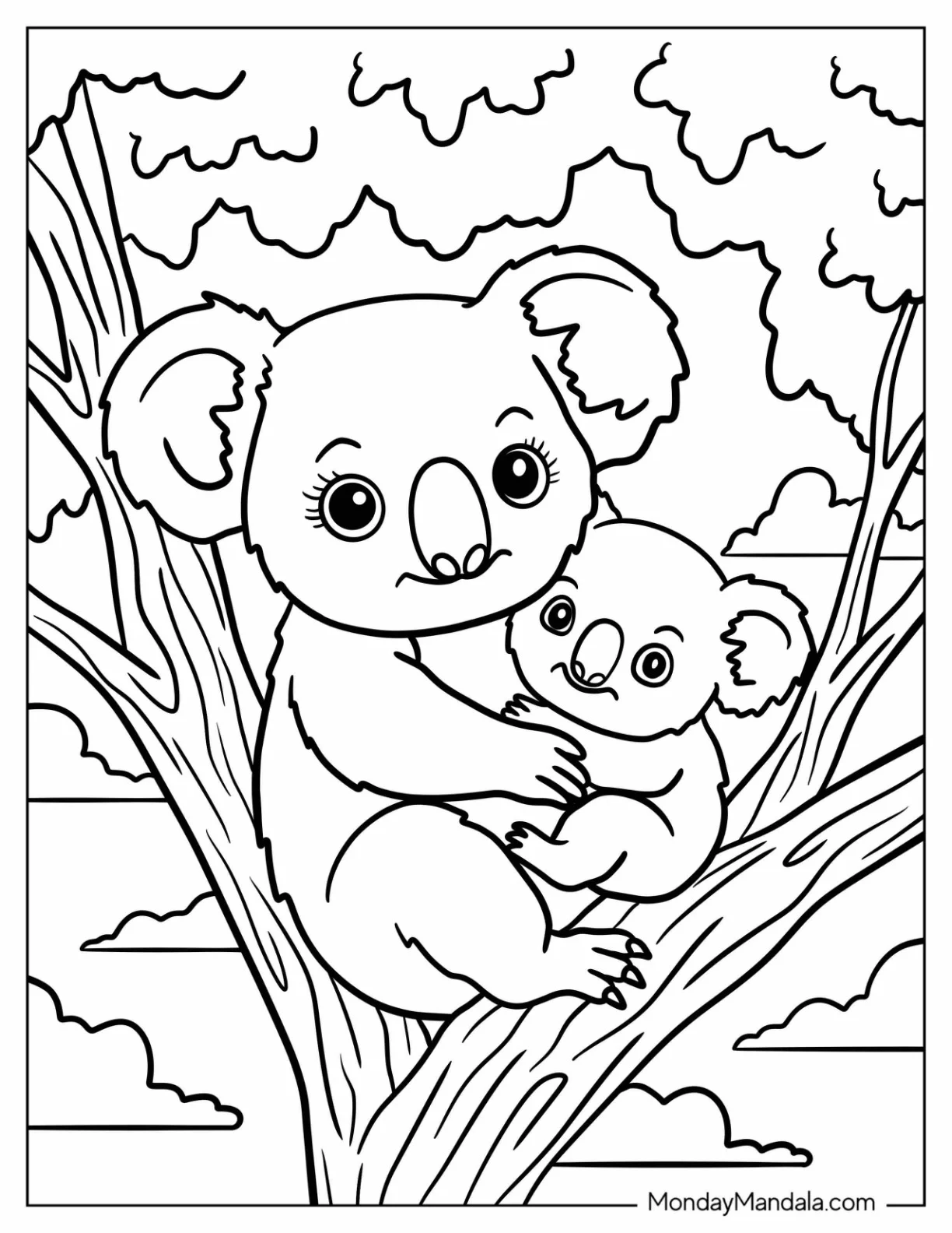 Mother Koala Coloring Page Hugging Baby on a Tree for Kids coloring page