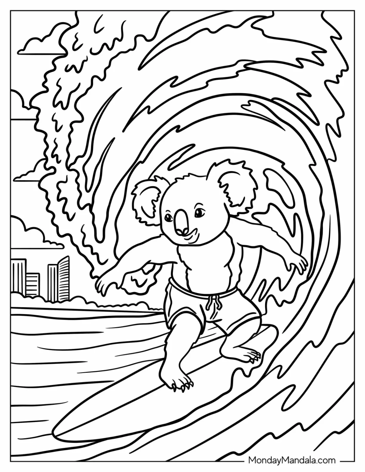 Muscular Koala Coloring Page Surfer Riding a Wave coloring page