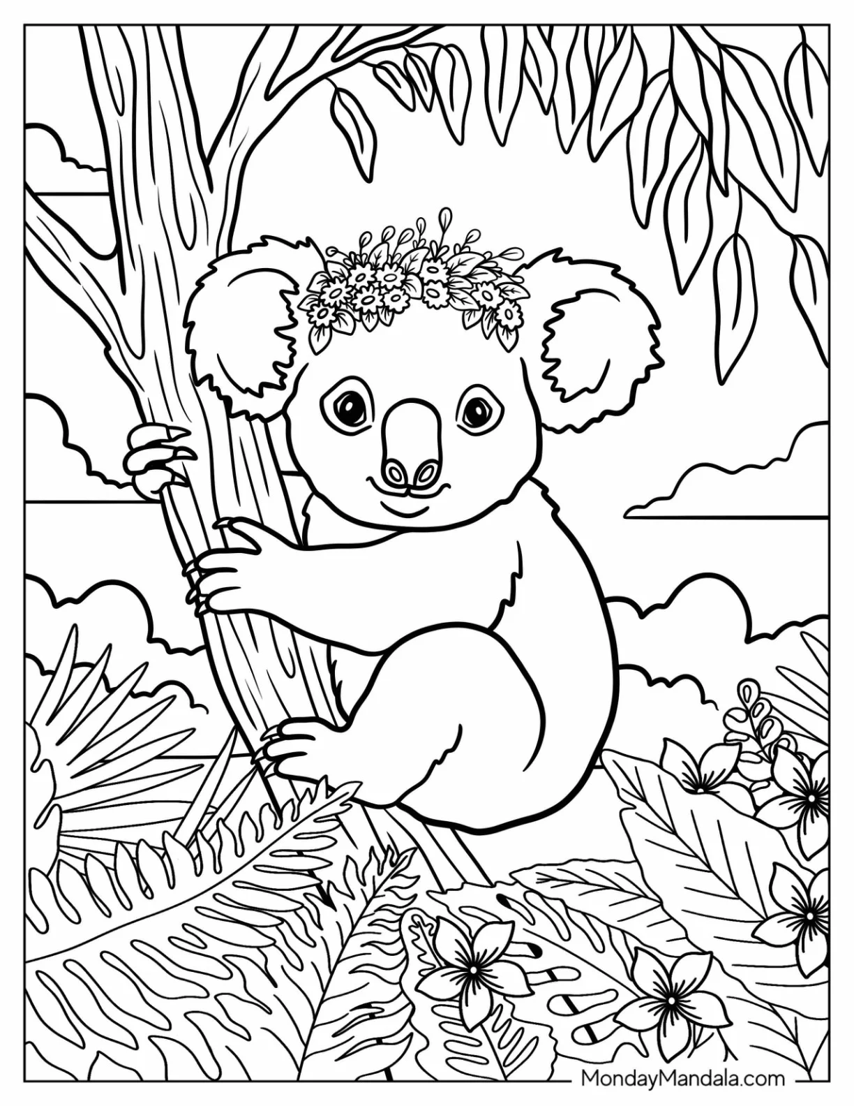 Pretty Koala Coloring Page with Flower Crown Clinging to a Tree Branch coloring page — printable line art