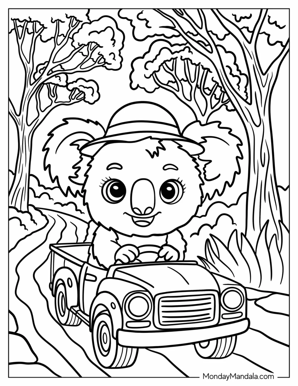 Pretty Koala Coloring Page with Hat Driving a Car in the Jungle coloring page