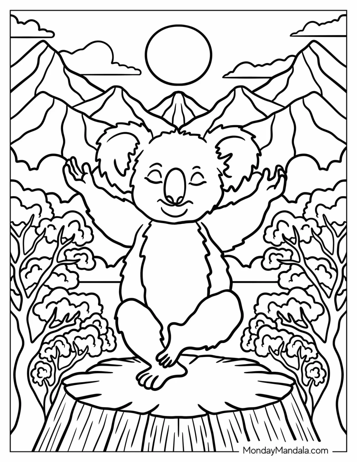 Yogi Koala Coloring Page Meditating in the Wilderness coloring page
