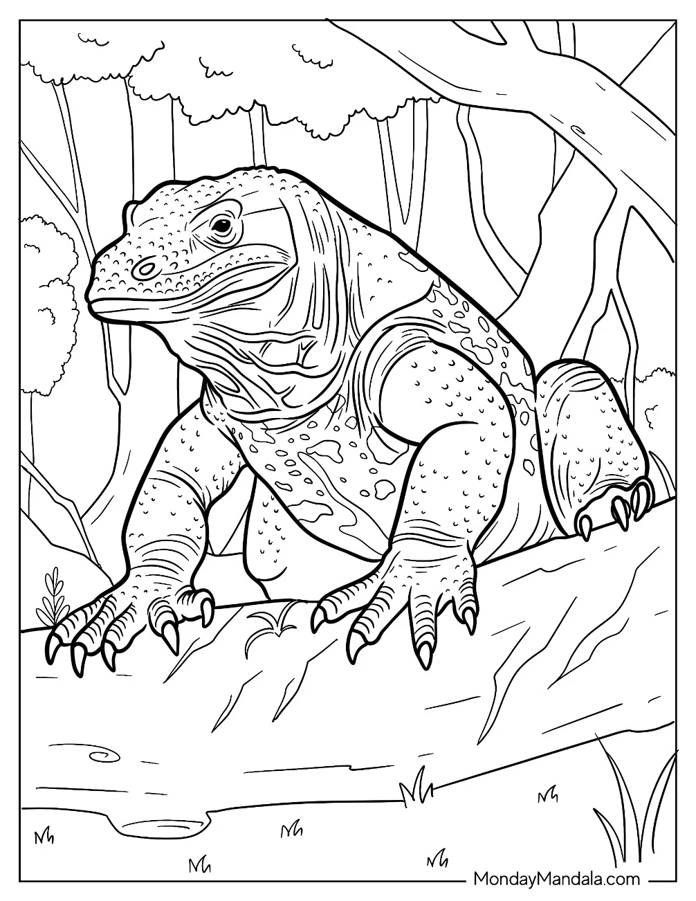 Komodo Dragon Coloring Page Climbing Over A Branch coloring page