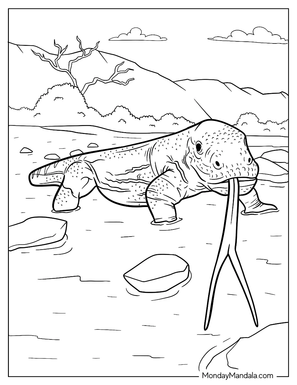 Komodo Dragon Coloring Page Hunting For Food In The River coloring page