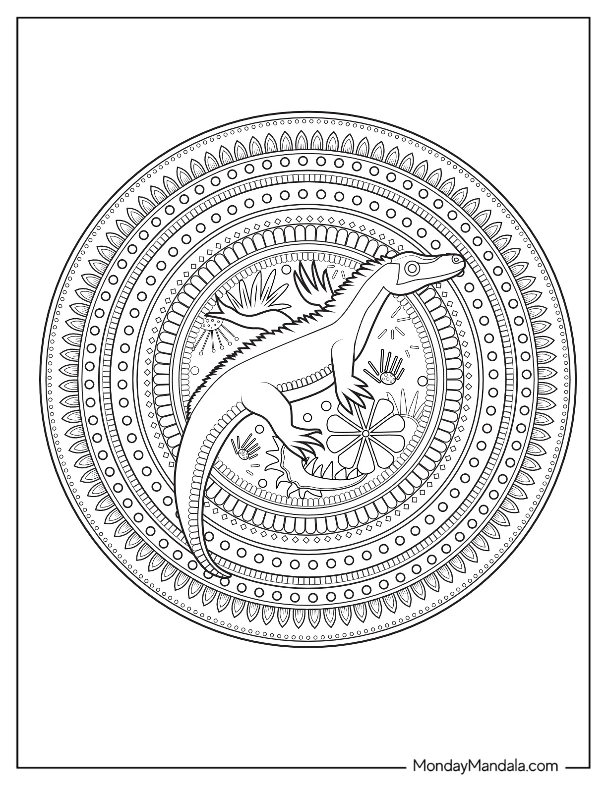 Komodo Dragon Coloring Page Inside A Mandala coloring page — printable line art