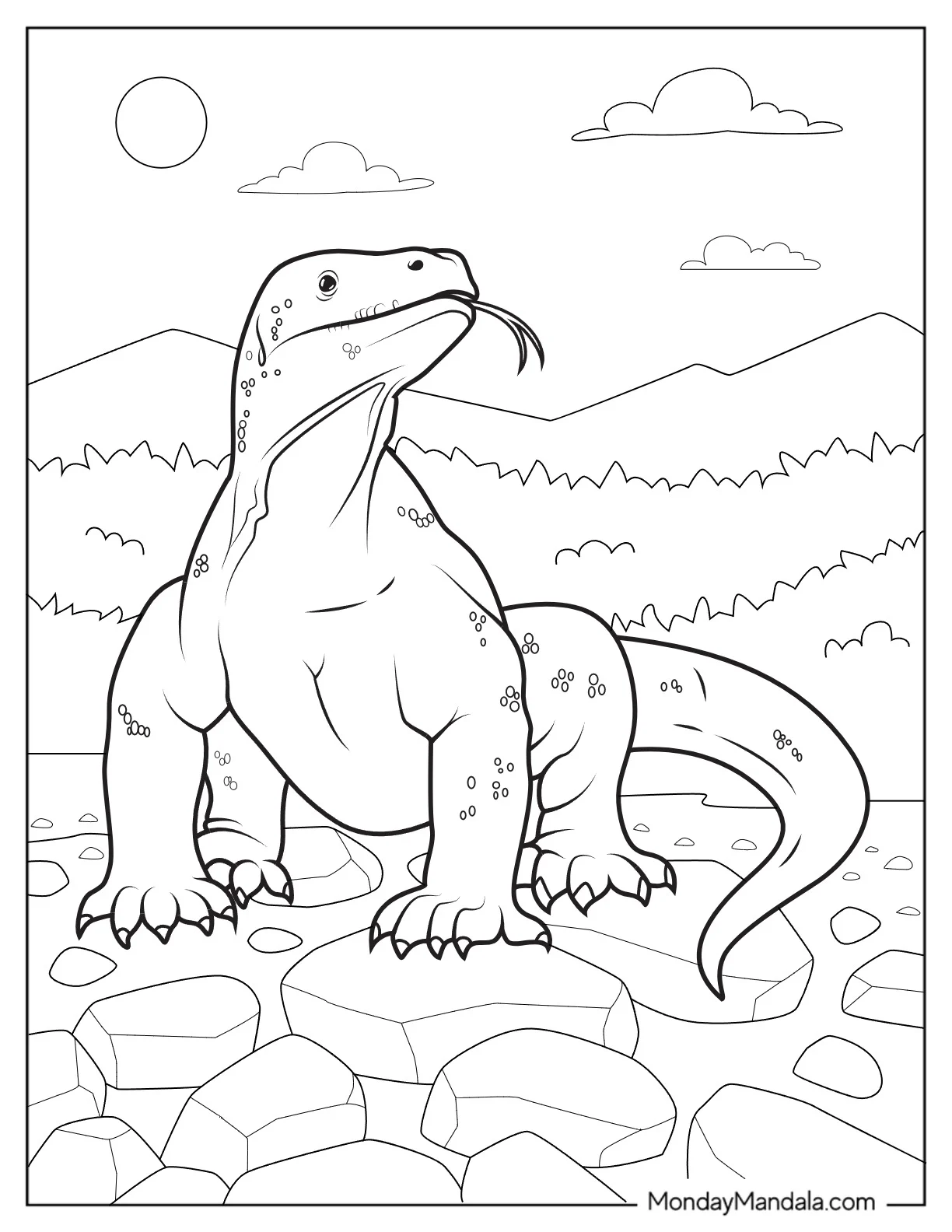 Komodo Dragon Coloring Page Standing On Rocks coloring page