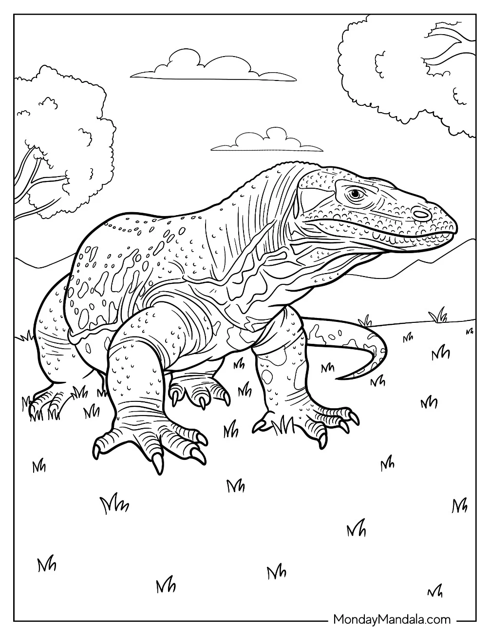Old Komodo Dragon Coloring Page Crawling On Grass coloring page