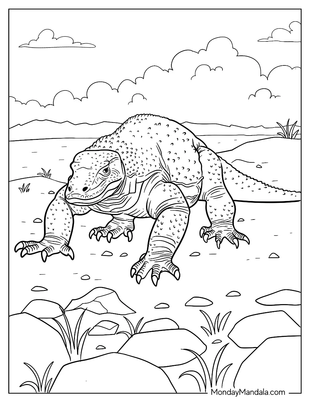 Scaly Komodo Dragon Coloring Page Beside The Sea coloring page