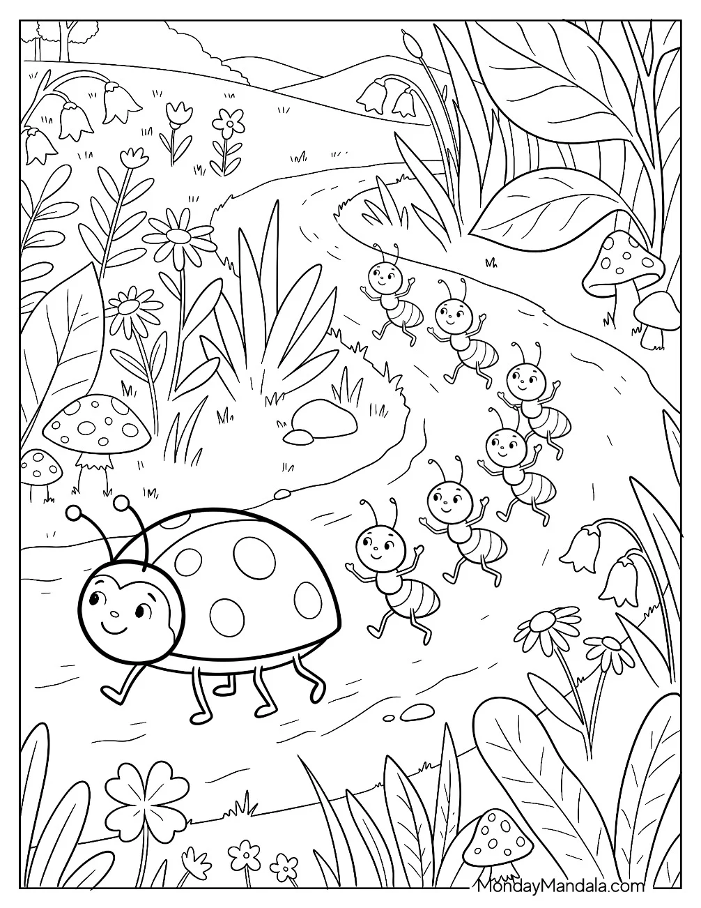 Ants Trailing After a Ladybug Coloring Page coloring page