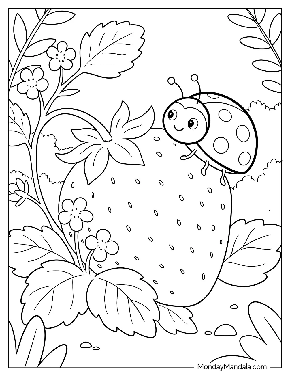 Big Ladybug Climbing a Strawberry Coloring Sheet coloring page — printable line art