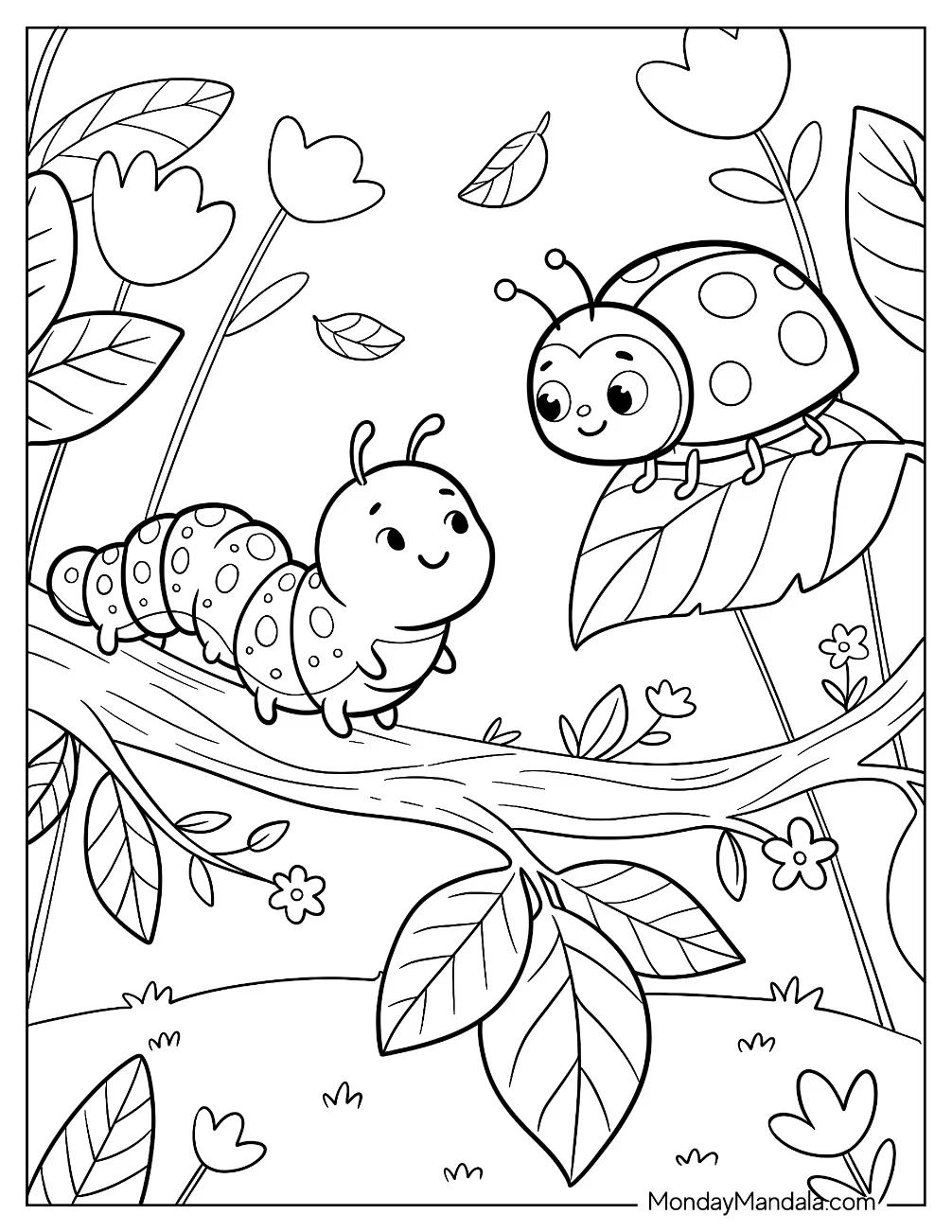 Caterpillar Talking to a Ladybug Coloring Page coloring page — printable line art
