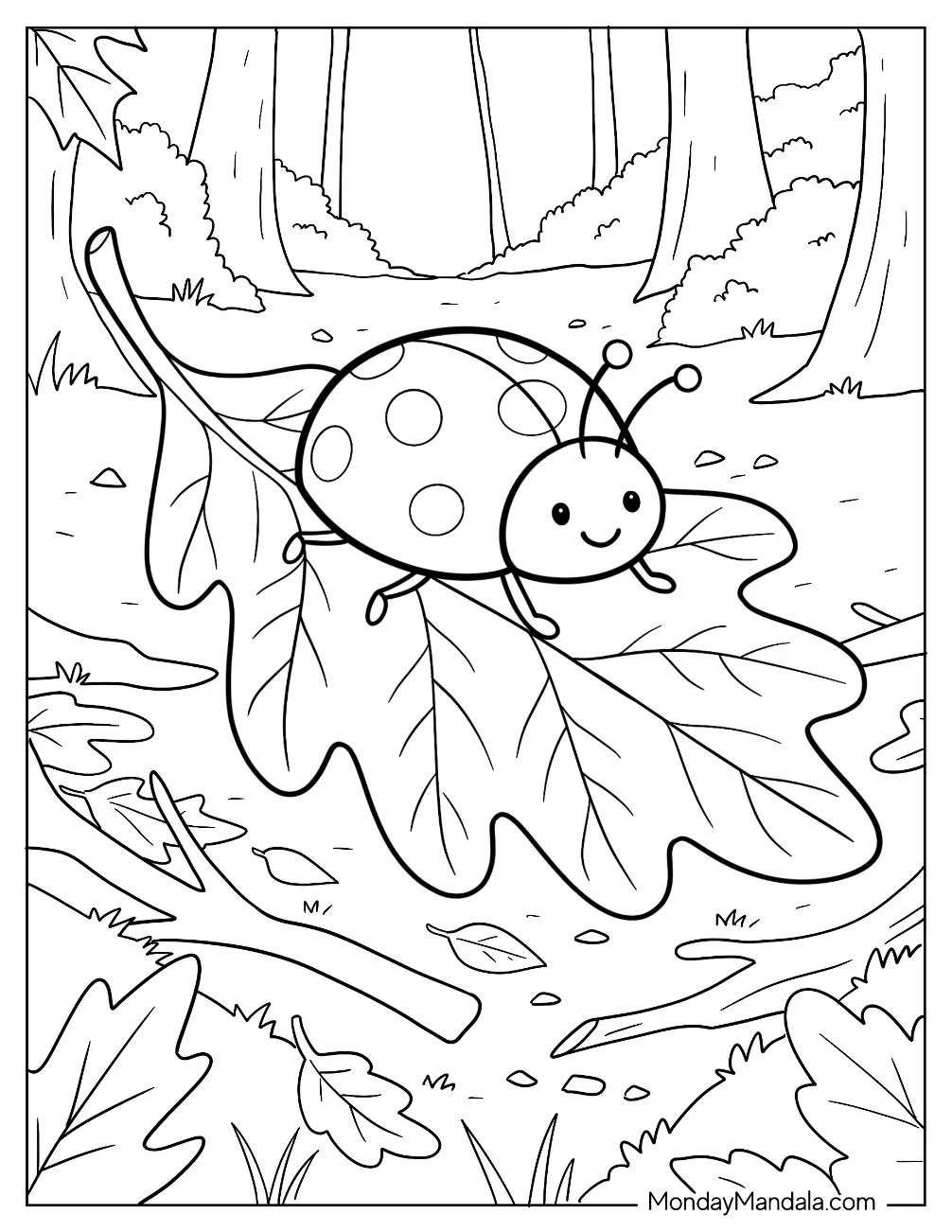 Cheerful Ladybug on a Fallen Leaf Coloring Page coloring page — printable line art