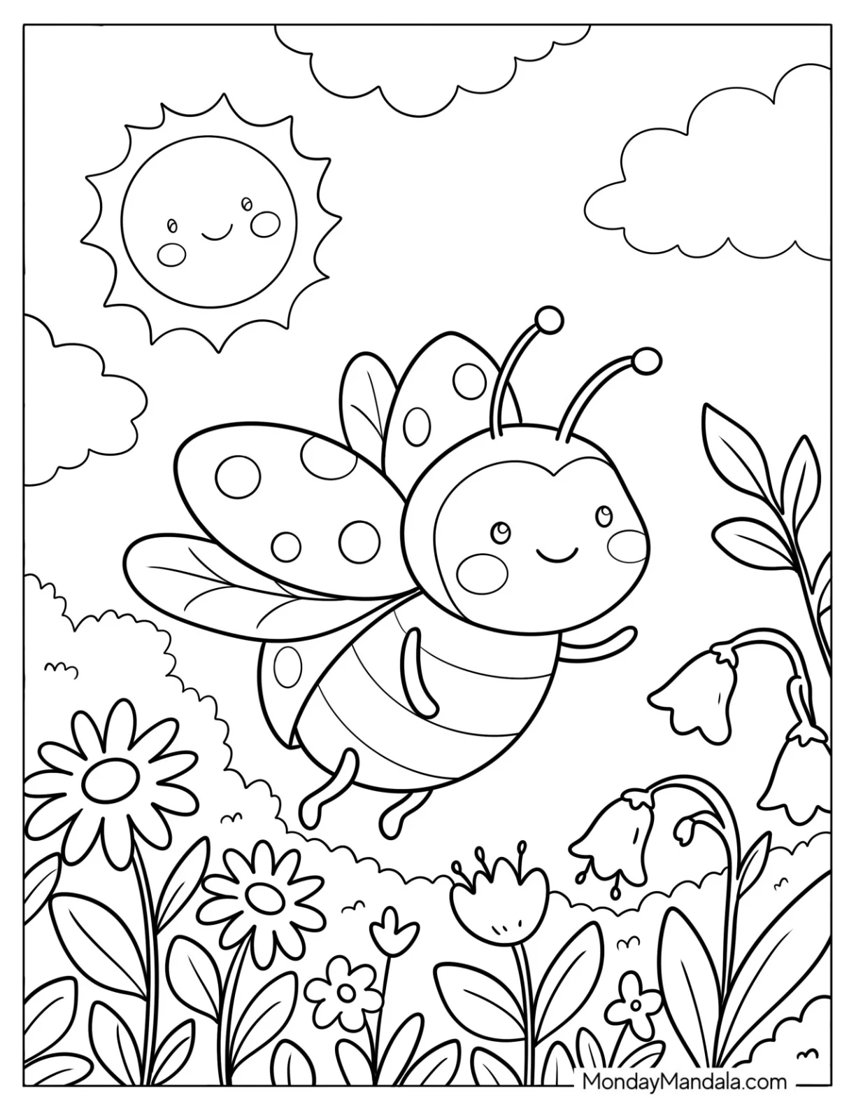 Cute Ladybug Flying Through a Flower Garden Coloring Page for Kids coloring page — printable line art