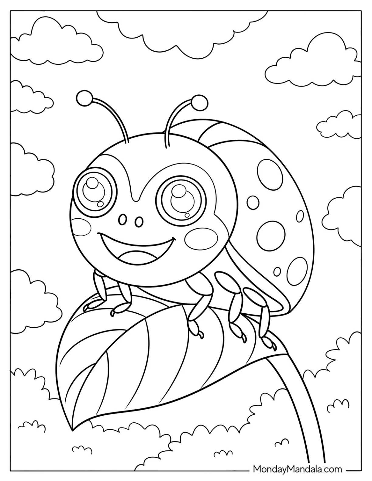 Cute Ladybug Sitting on a Leaf Coloring Page for Kids coloring page — printable line art