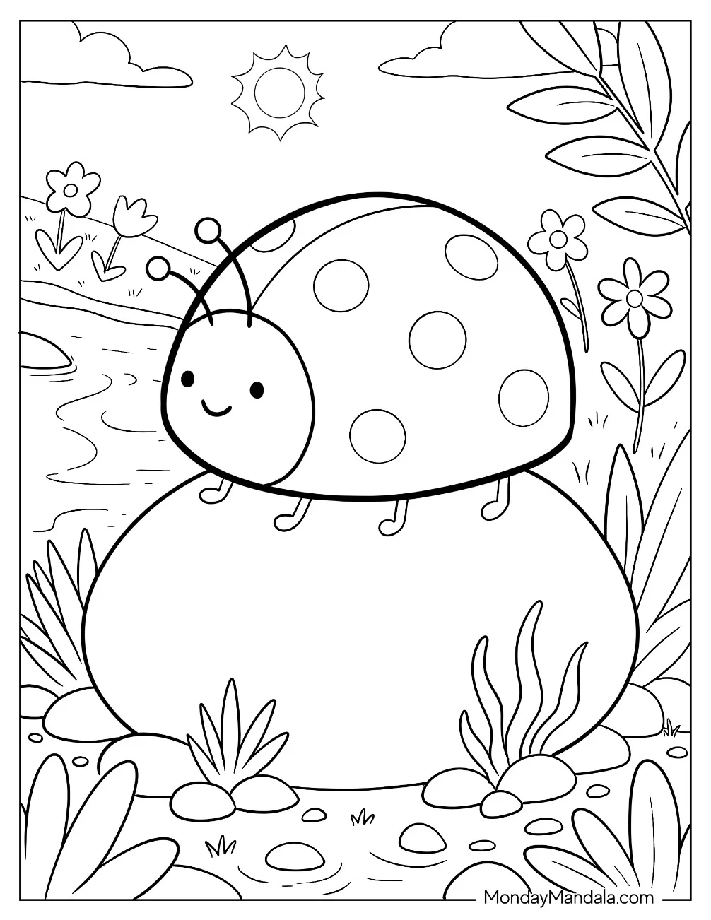 Easy Ladybug Resting on a Rock Coloring Sheet for Kids coloring page — printable line art
