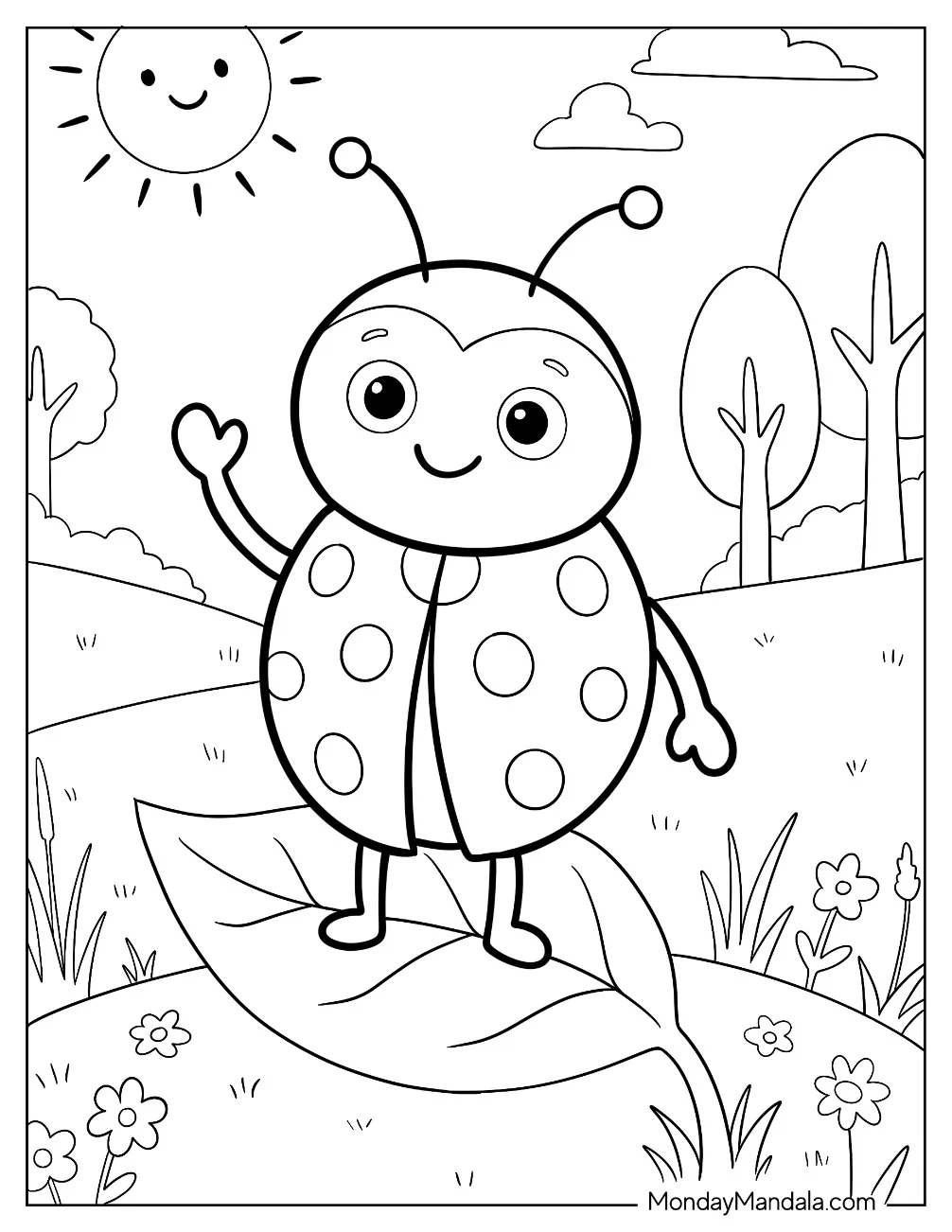 Friendly Ladybug Waving in a Park Coloring Sheet for Kids coloring page — printable line art