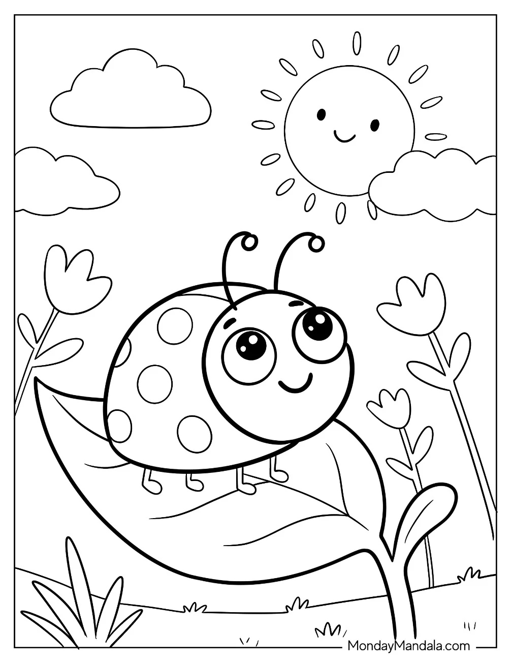 Happy Little Ladybug Looking Up at the Sun Coloring Page for Kids coloring page — printable line art