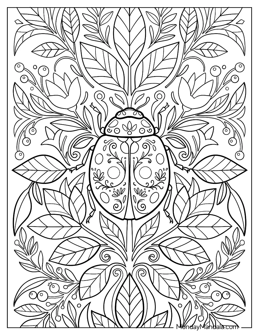 Intricate Leaf Ladybug Mandala Coloring Sheet coloring page