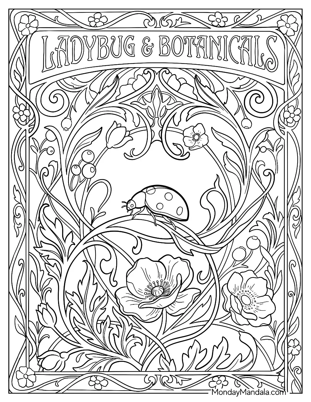 Ladybug & Botanicals Card with Vines and Flowers coloring page — printable line art