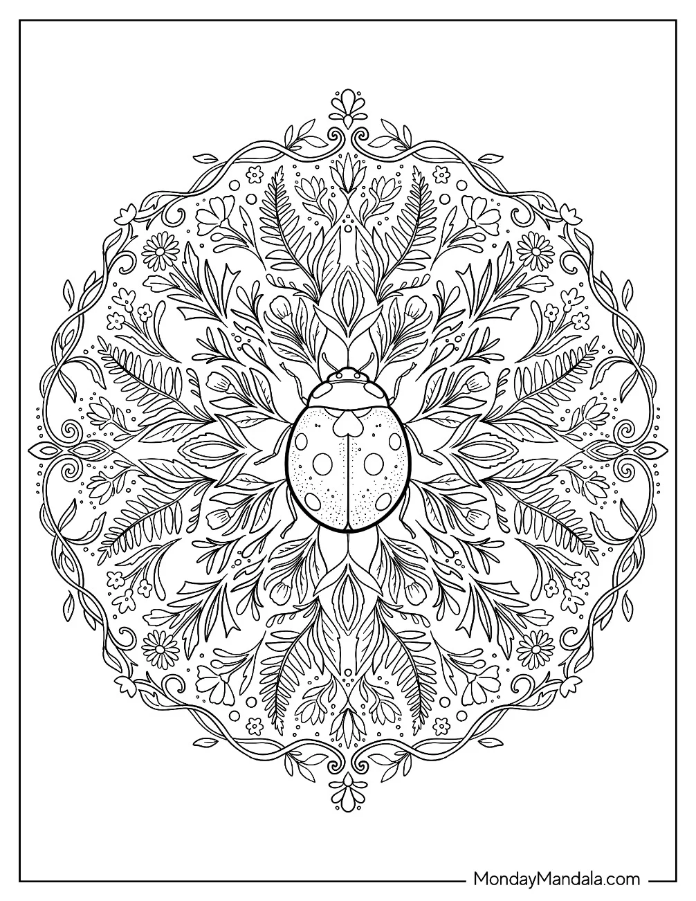 Ladybug at the Center of an Elegant Floral Mandala coloring page — printable line art