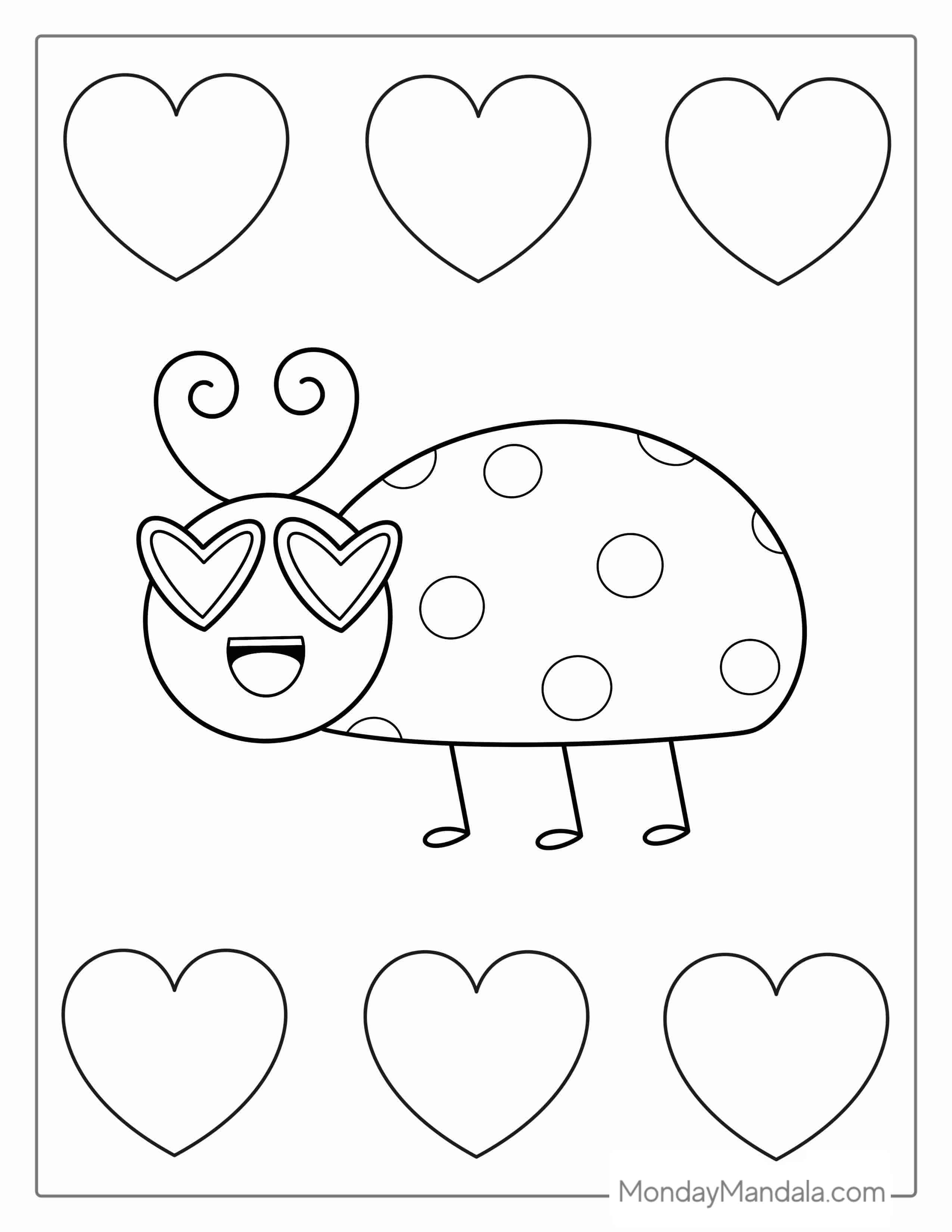 Ladybug Beetle With Love Hearts To Color coloring page