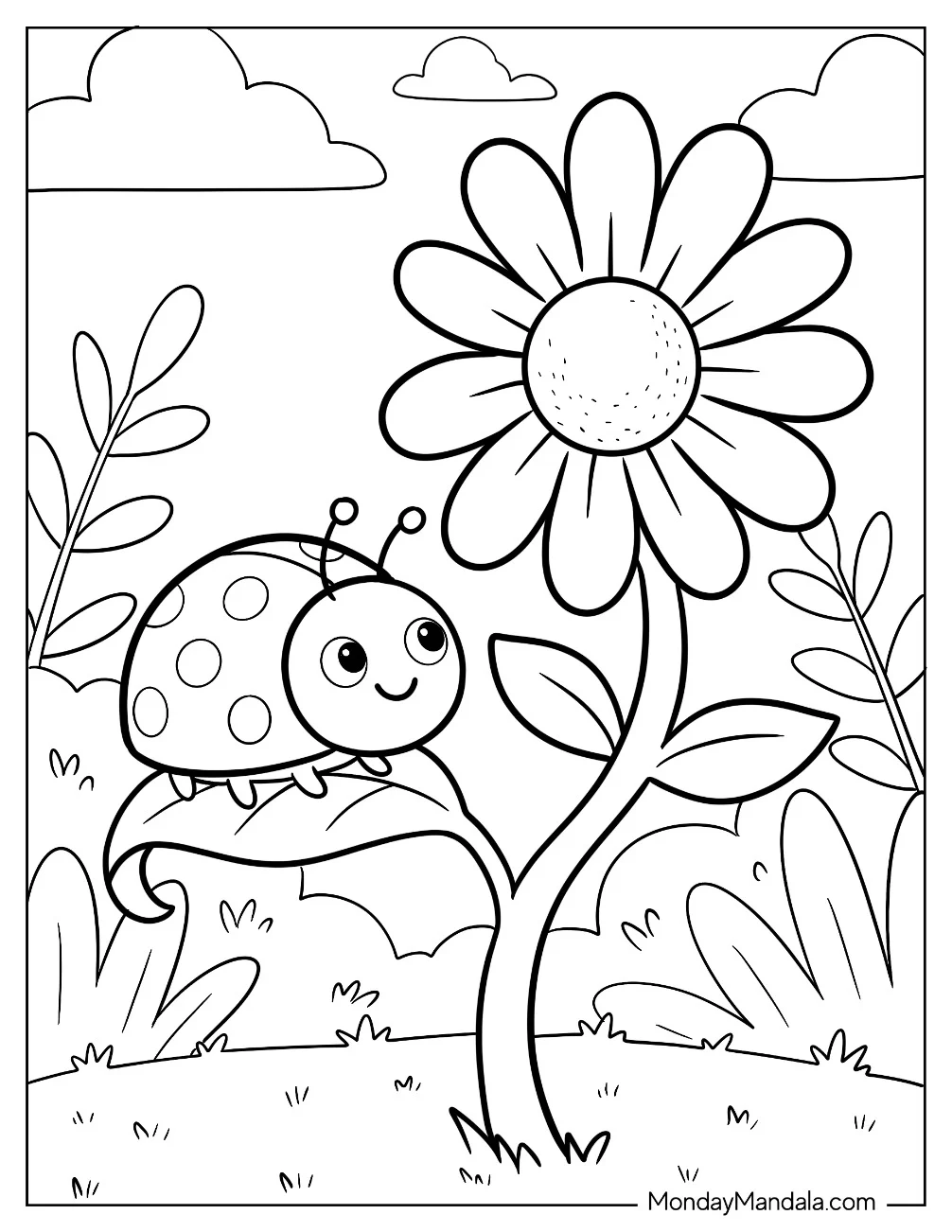 Ladybug Climbing a Flower Stem Coloring Page for Kids coloring page