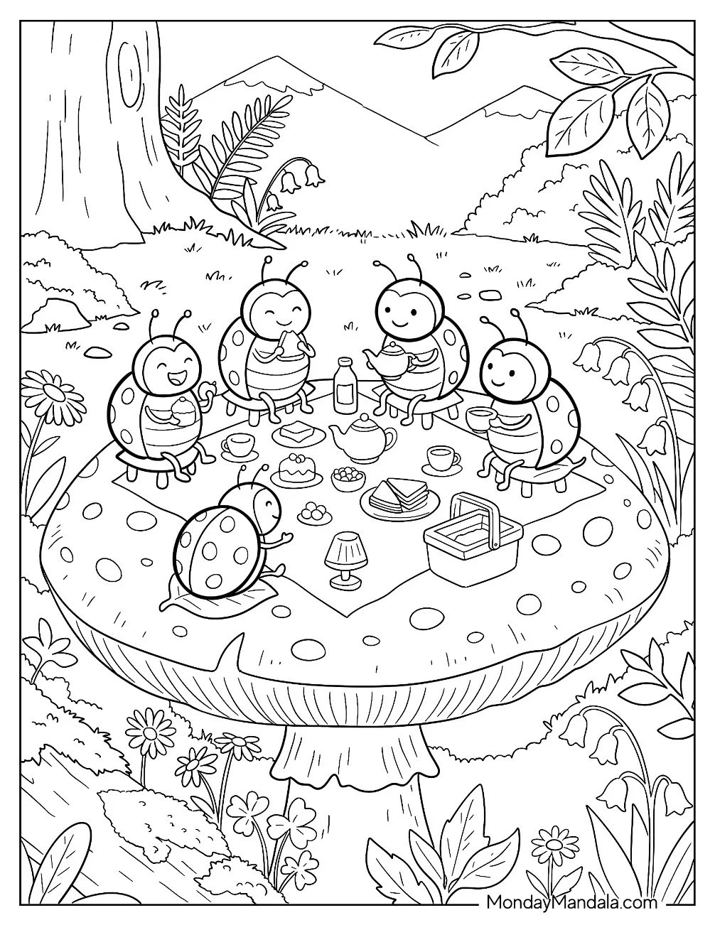 Ladybug Family Having a Picnic Coloring Sheet coloring page