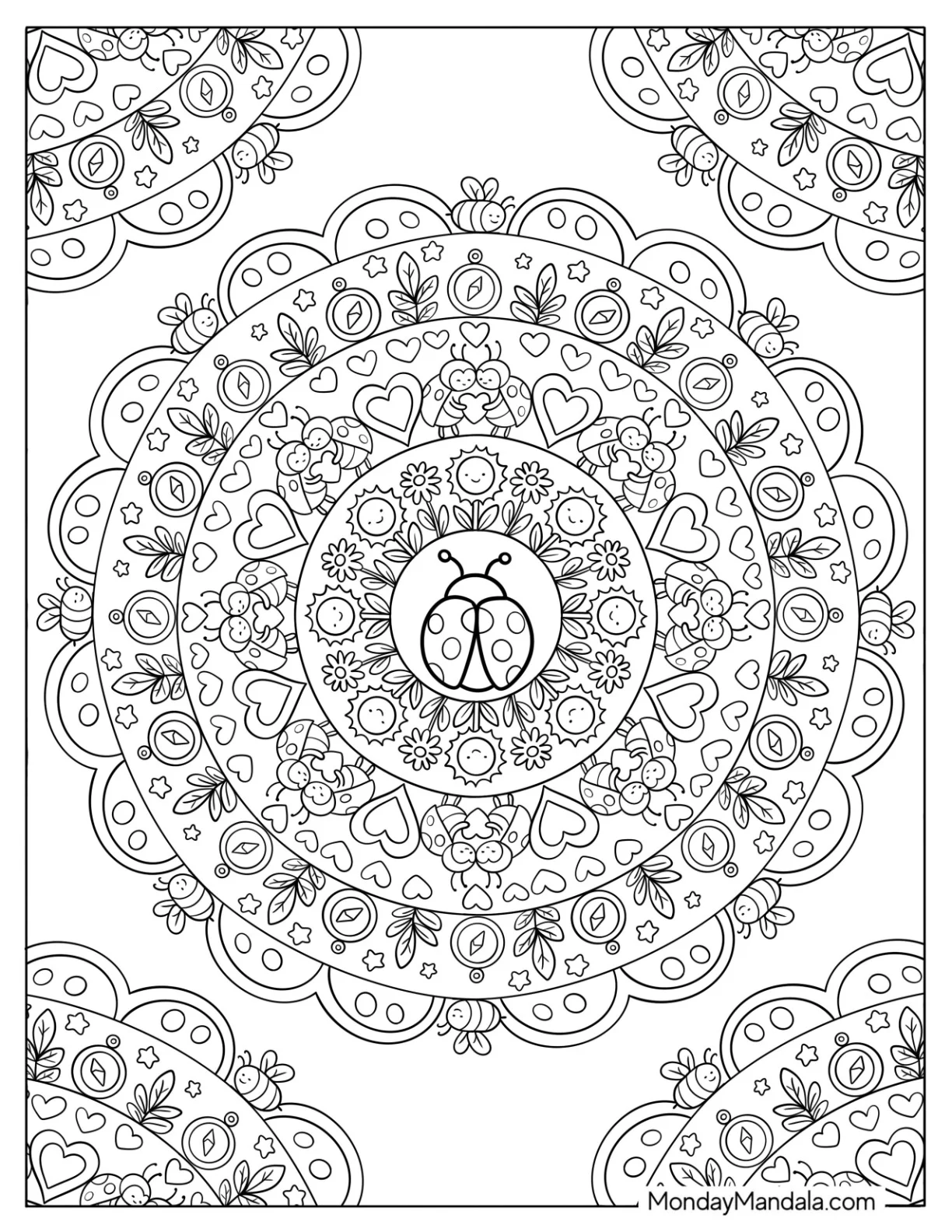 Ladybug Floral Mandala Coloring Page coloring page — printable line art
