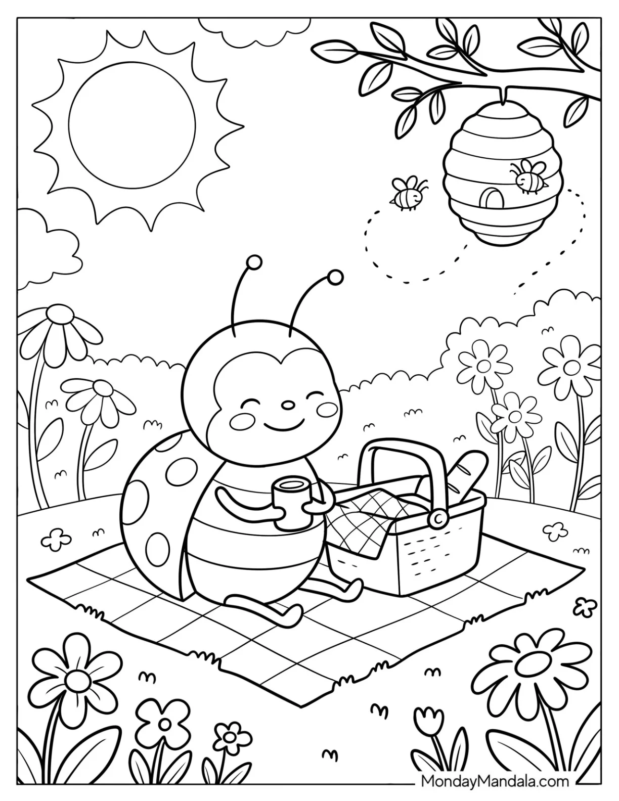 Ladybug Having a Picnic in a Flower Garden coloring page — printable line art