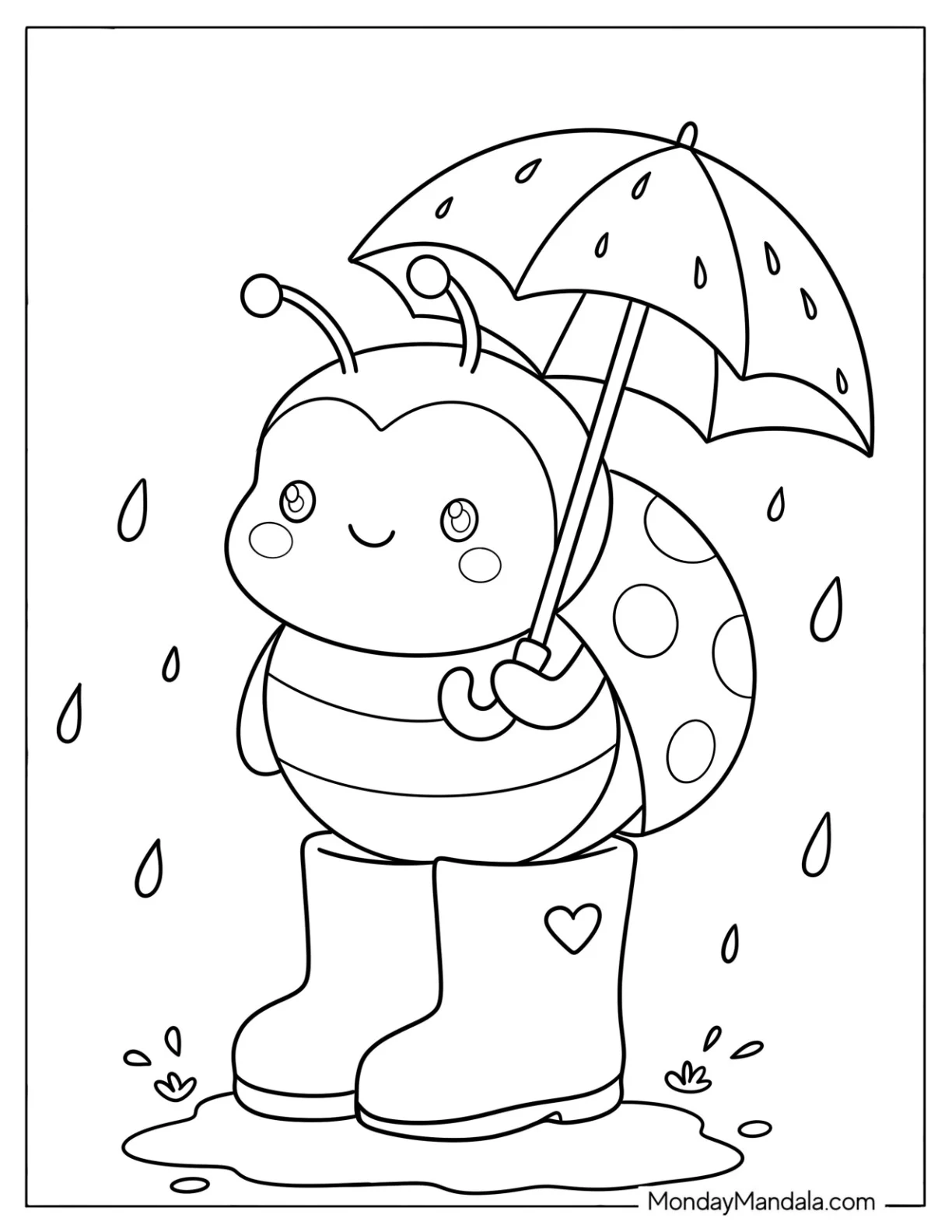 Ladybug in Rain Boots Holding an Umbrella Coloring Page for Preschoolers coloring page — printable line art