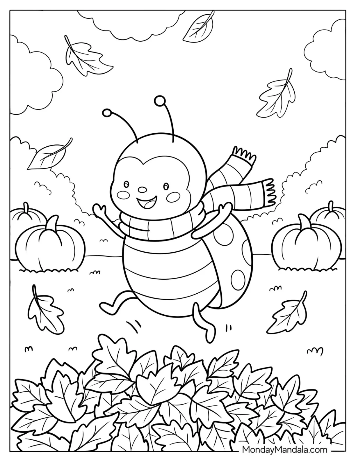 Ladybug Jumping into Autumn Leaves Coloring Page for Kids coloring page