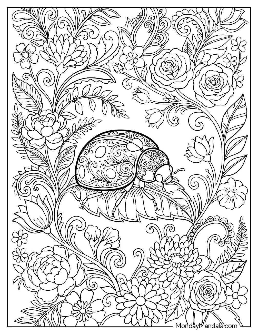 Ladybug Mandala on a Leaf Surrounded by Flowers coloring page — printable line art