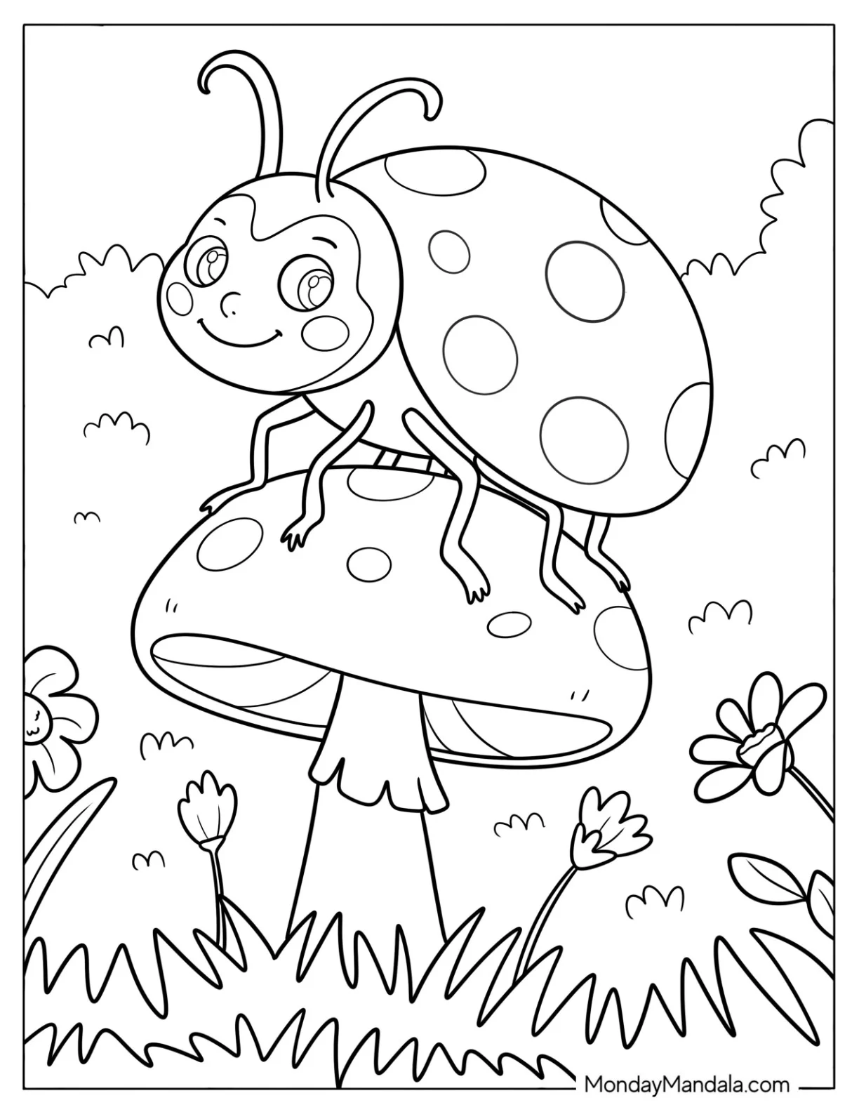 Ladybug Sitting on a Mushroom in the Garden Coloring Page for Preschoolers coloring page