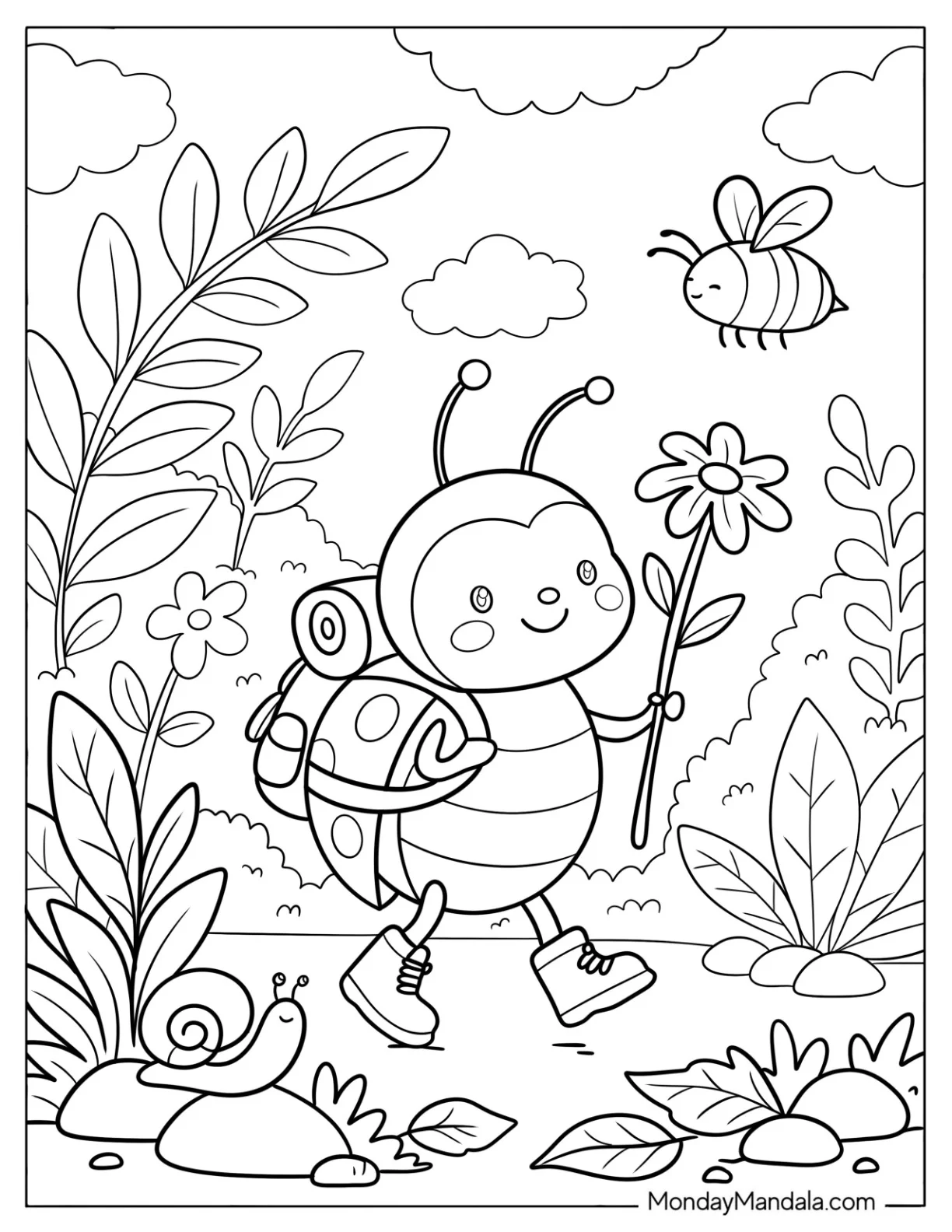 Ladybug Walking with a Flower in the Garden Coloring Page for Kids coloring page