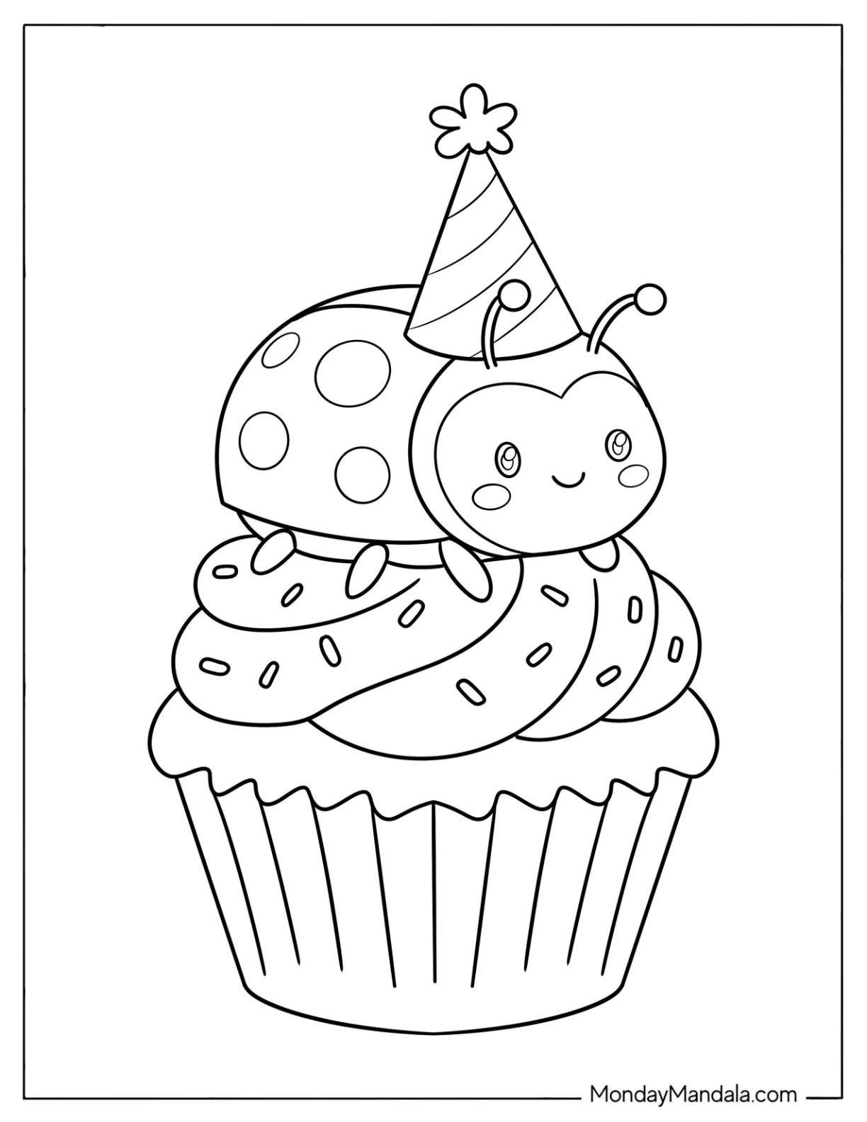 Ladybug Wearing a Party Hat on a Cupcake Coloring Sheet for Preschoolers coloring page — printable line art