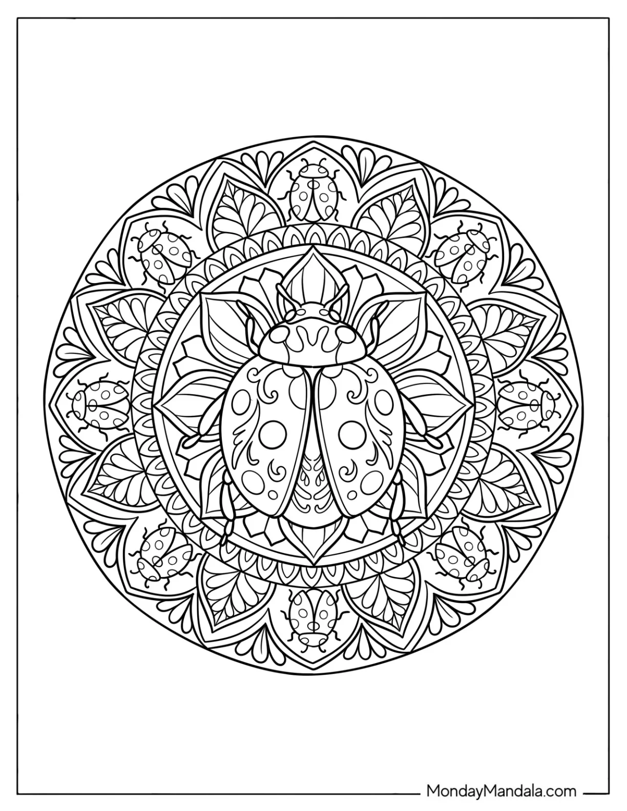 Ladybug with Leaf and Flower Mandala Design coloring page