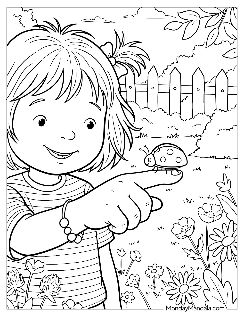 Little Girl Holding a Ladybug on Her Finger coloring page