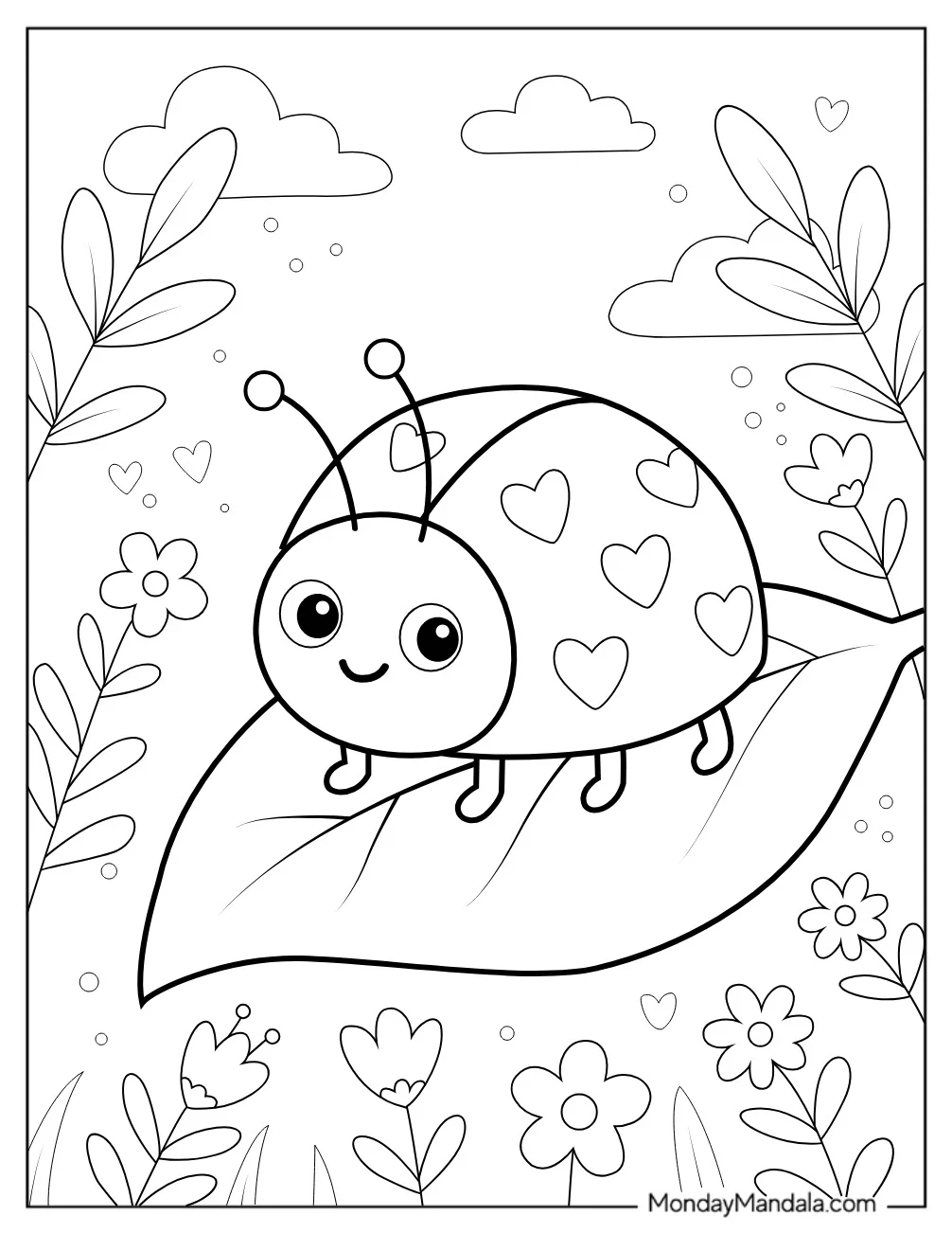 Pretty Baby Ladybug on a Big Leaf Coloring Page for Kids coloring page