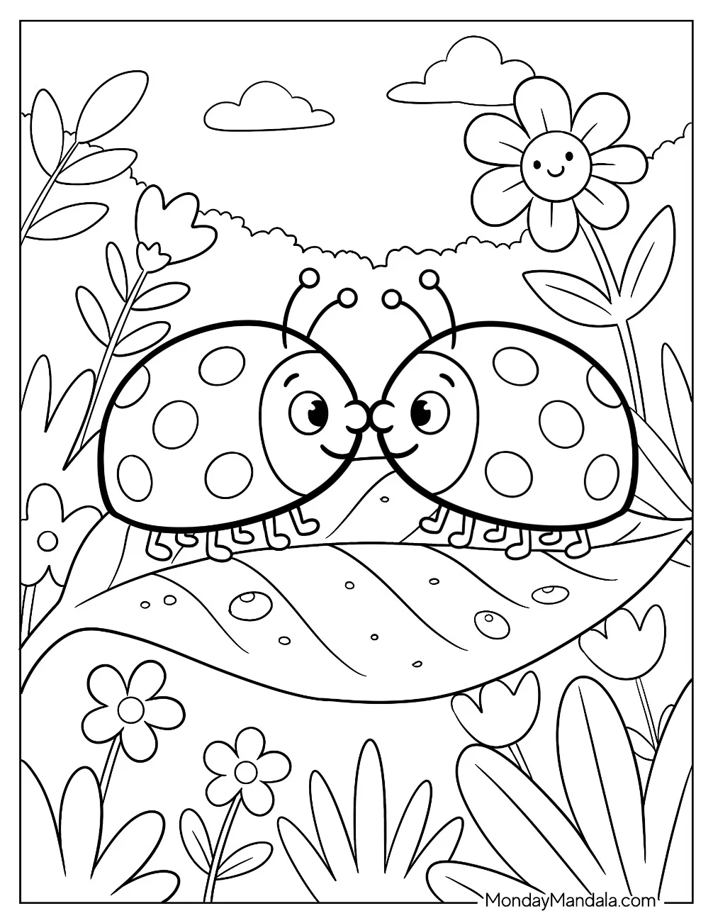 Two Ladybugs Kissing on a Leaf in a Flower Garden Coloring Page coloring page