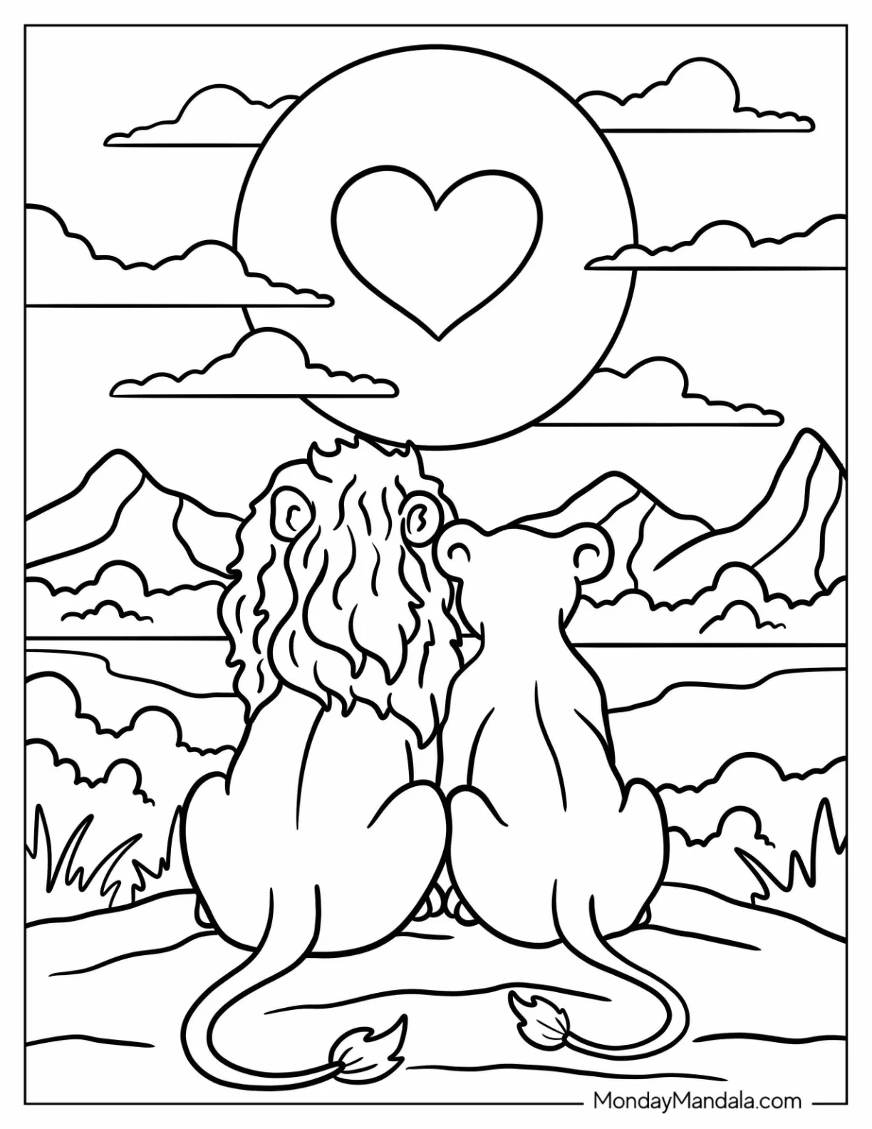A Lion Coloring Page and a Lioness Sitting Together at Sunrise coloring page